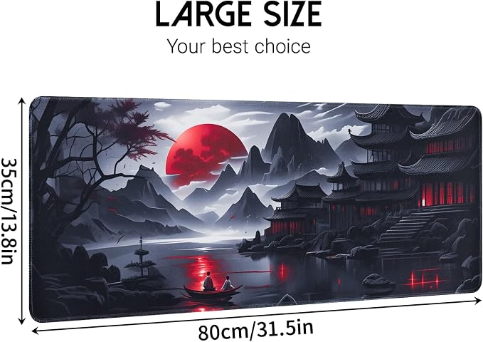 FreeNook Large Gaming Mouse Pad, Anime Black Mousepad with Stitched Edges, Expanded Cool Desk Mat, Japanese Red Moon XL Keyboard Mat Suitable for Home Office,31.5 X 13.8 Inch - Image 2