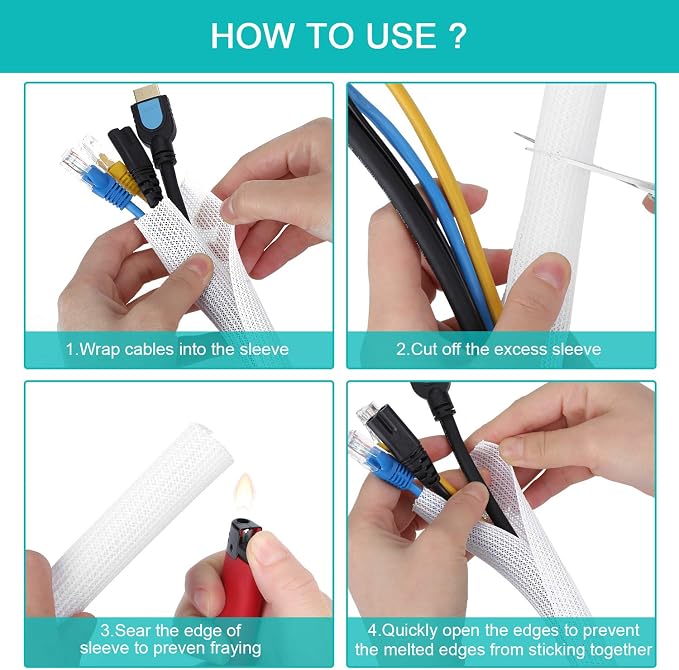 6.6ft - 2/3 inch White Cable Sleeve, Cable Organizer for Desk PC TV Computer, Wire Protector Cable Wrap Cover, Cord Management for Home Office - Image 6