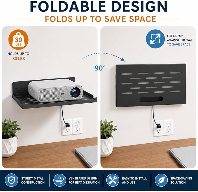 Metal Router Shelf Wall Mount, 14 x 8 Inch Floating Shelf with Cable Hole and Vent Slots, Black WiFi Router Holder for Modem, Cable Box, Game Console, TV Components, Office and Living Room - Image 4