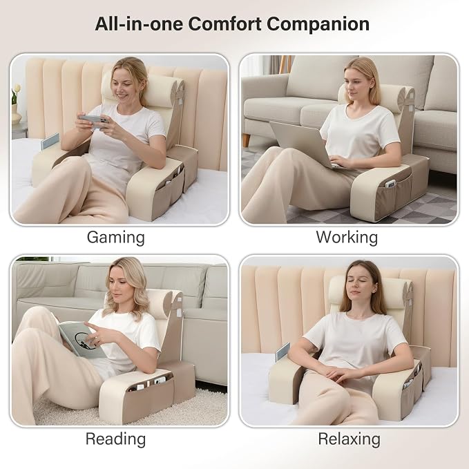 Vekkia 21" Reading Pillow for Bed with XL Side Pockets for Adult | 60° Wedge Back Support,Adjustable Arms,Washable Cover,Support for TV,Gaming,Working,Nursing,Recovery in Bed&Floor,Beige/Camel - Image 4