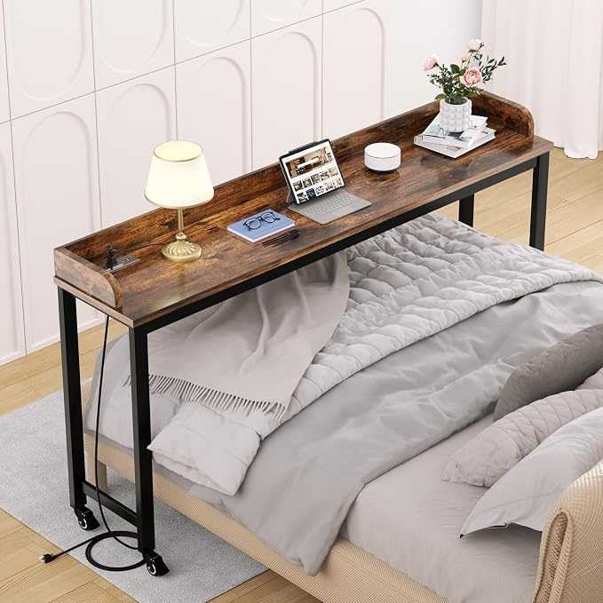 Ytaoka Table Overbed, Walnut, Queen Size, Wheels, Charging Station, 70.8" for Home and Hospital by Ytaoka