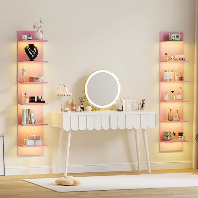 Qupui 6-Tier Wall Shelf with RGB LED, 57" Floating Storage, Pink - Image 3