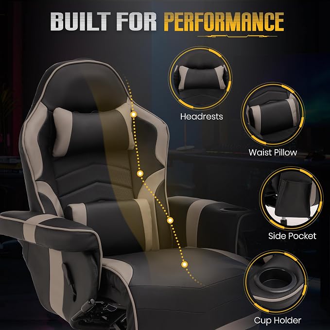 Massage Gaming Recliner Chair with Cup Holder & Side Pockets – Ergonomic PU Leather Video Gaming Chair with Footrest, Manual Recline, Headrest & Lumbar Support for Office or Game Room (Grey) - Image 6