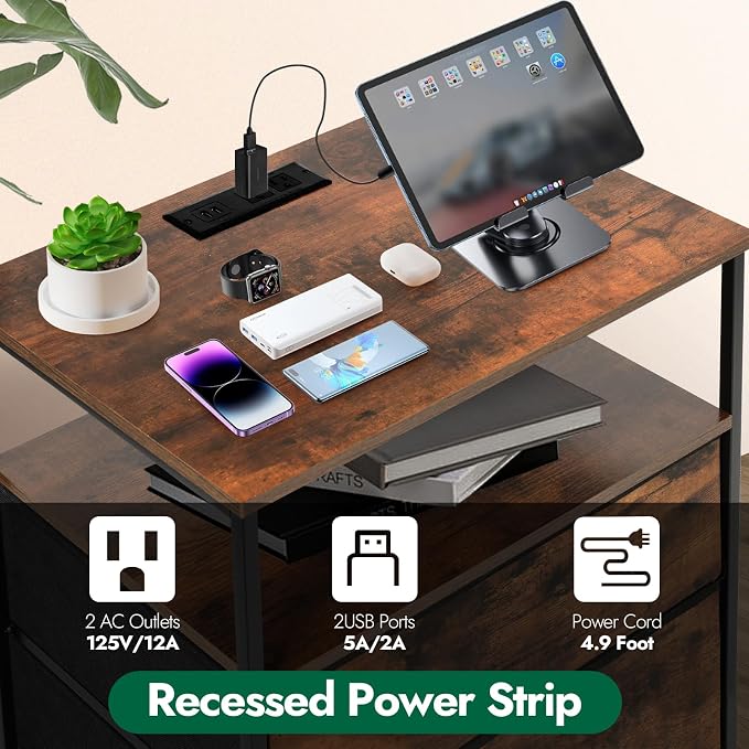 3-Drawer LED Nightstand Set 2 with Charging Station, Rustic Brown - Image 6