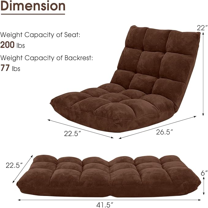 GIANTEX Floor Chairs for Adults, Floor Gaming Chair w/Back Support (Coffee) | Coral Velvet, 14 Adjustable Position, Thick Sponge Padding, Floor Seating Lounge for Reading, Watching TV, Meditation - Image 3