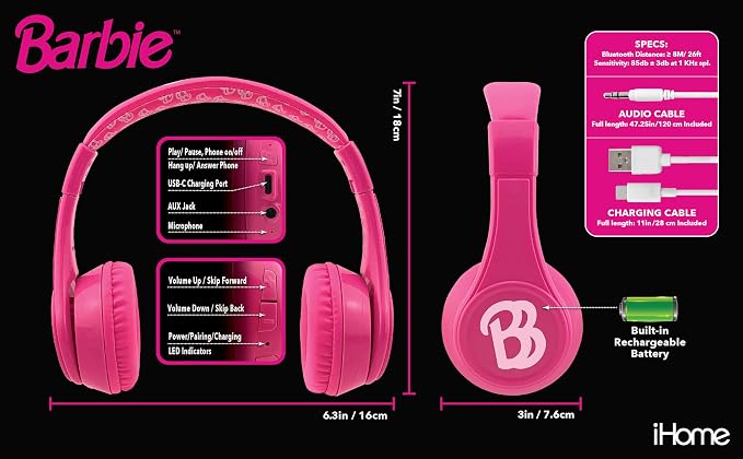 Barbie Bluetooth Headphones for Kids, Wireless Headphones for School, Home, or Travel (Barbie) - Image 4