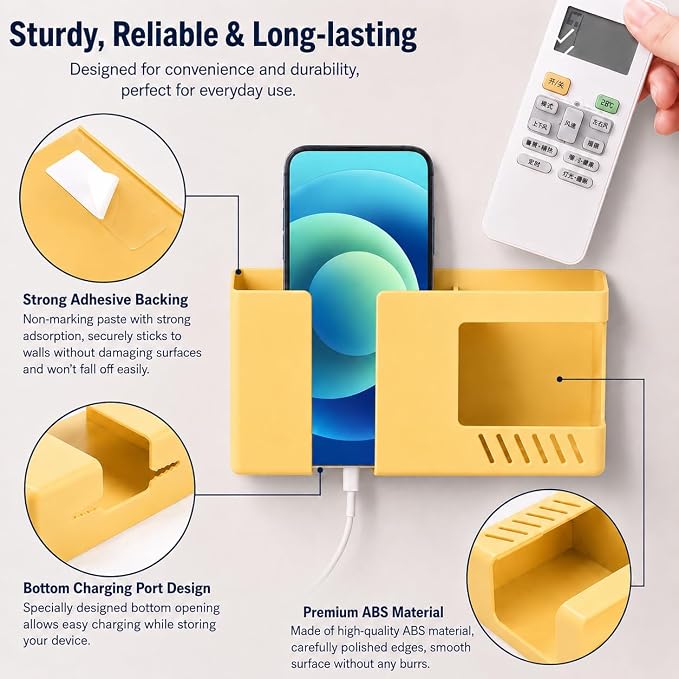 D3 Wall Mount Phone Holder, Punch-Free Wall-Mounted Mobile Phones Charging to Stand, Sticky Remote Control Storage Box Bedside Lazy Mobile Phone Rack, Multipurpose Storage Box (2 Pack-Y) - Image 3