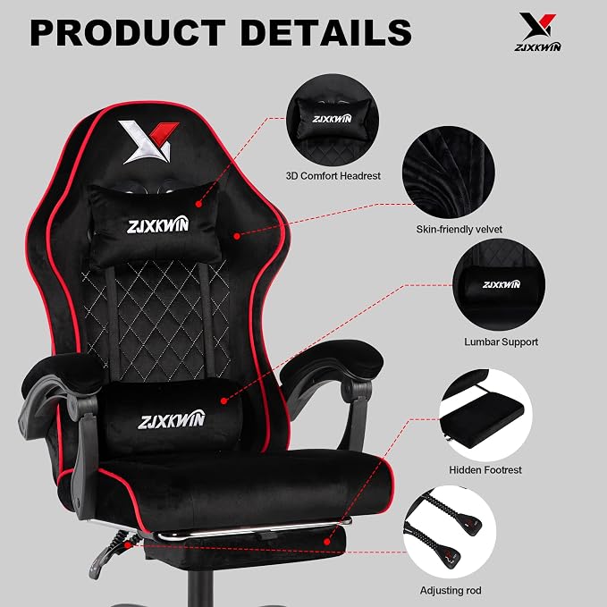 Velvet Gaming Chair, Ergonomic High Back Racing Chair with Footrest, Spring Wide Cushion, Adjustable Headrest & Lumbar Support, 90-135° Recline, 360° Swivel, 300lbs for Home Office, Red - Image 8