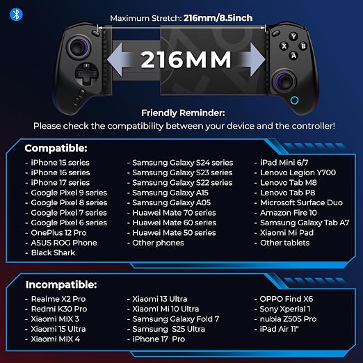 abxylute S8 Bluetooth Mobile Gaming Controller for Switch 1&2, iPhone iPad Android Phones Tablets, Portable Wireless Gamepad with Hall Joystick, Hall Trigger, Customizable Buttons＆Key Mapping (black) - Image 3