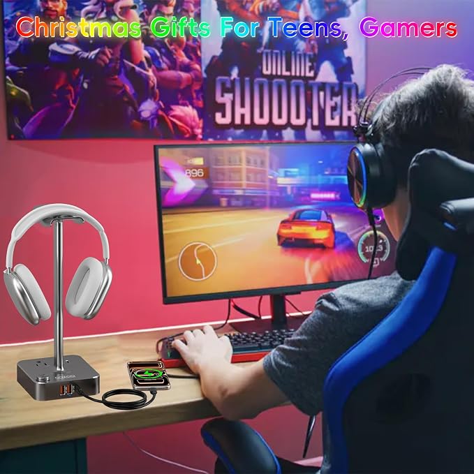 cozoo Headphone Stand with Charger, USB C, Gifts for Gamers Men, Gray | Gaming Headset Stand Holder for Desk, 3 USB(1 USB C) and 2 AC Outlets Charging Ports, Headphone Hanger, Gamer Gifts for Men - Image 3