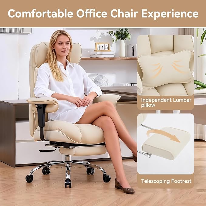 Efomao Executive Office Chair, Beige Fabric Big and Tall Desk Chair | Breathable fabric, pocket spring & foam seat, retractable footrest, 135° recline for computer gaming setup - Image 6
