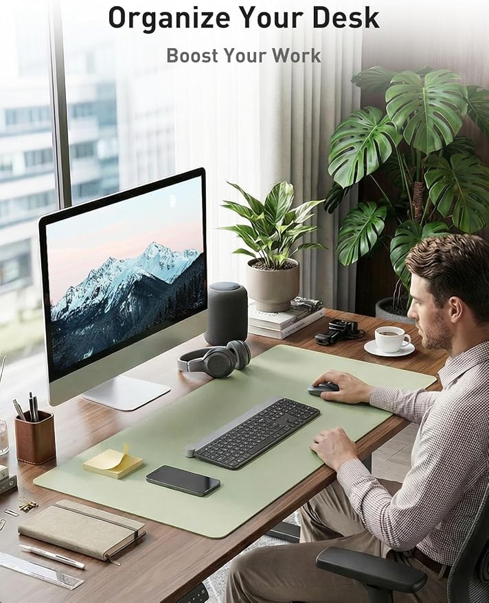 Aothia Faux Leather Desk Mat - Non-Slip PU Leather Desk Blotter, Waterproof Writing Surface, Large Desk Pad for Office & Home (Grass Green, 55" x 17") - Image 3