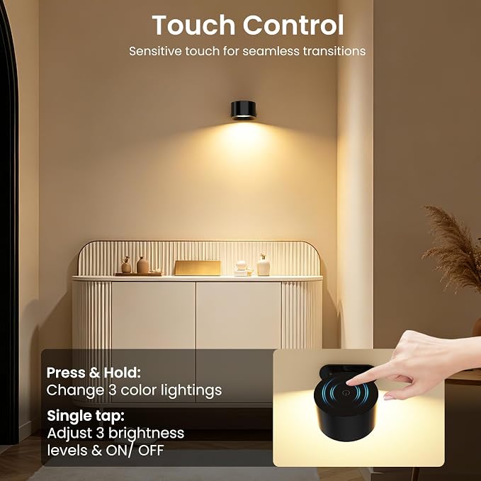 Koopala 2PCS Rechargeable Battery Operated LED Wall Lamps, Wall Mounted Lights with 3 Brightness 3 Color Temp Removable Charging 360°Rotate Magnetic, Cordless Wall Sconces for Reading Bedside-Black - Image 4