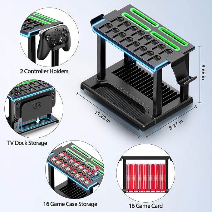 Switch 2 RGB Organizer Station with Controller Charging Dock, Switch 2 Storage Stand, Joycon 2 Charger, Gaming Accessories Holds TV Dock, 16 Game Cases, 16 Game Cards and 2 Pro Controllers - Image 5