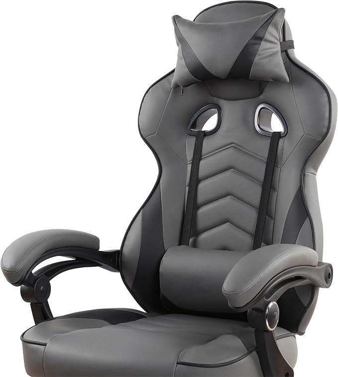 Techni Mobili Executive Gaming Chair with Footrest, 150° Reclining, Grey | PU leather chair, 150 degree recline, footrest, lumbar support, headrest pillow, executive office gaming chair, ergonomic - Image 15