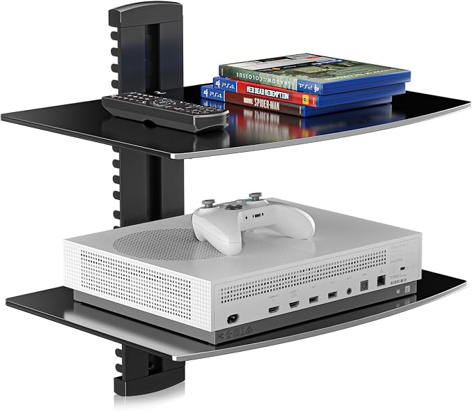 suptek Speaker Mount, Floating Glass Shelf Wall Mount Bracket for DVD Players/Cable Boxes/Games Consoles/TV Accessories, 2 Shelves, Black CS202 by suptek