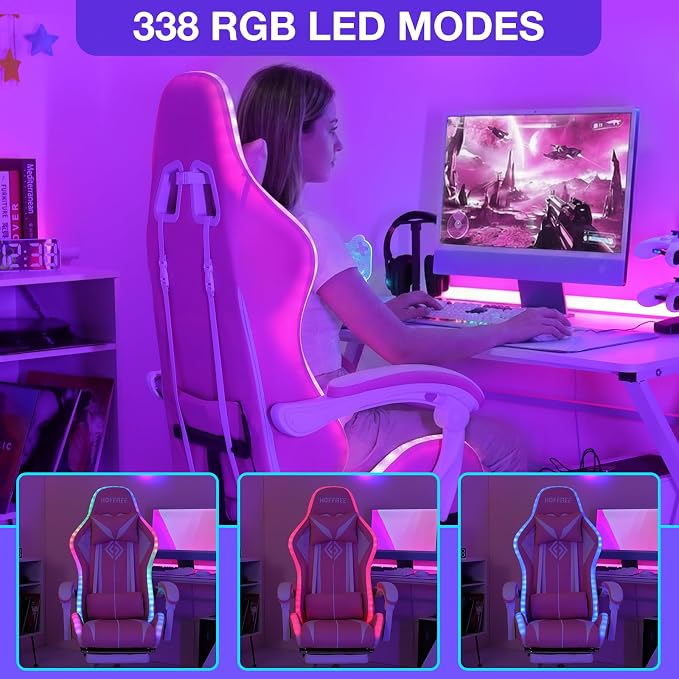 Pink Gaming Chair with RGB LED Lights Massage Computer Chairs for Girls | High Back Video Game Chair with Footrest & Adjustable Lumbar Support Ergonomic Gamer Chairs for Women Racing Style Recline - Image 4