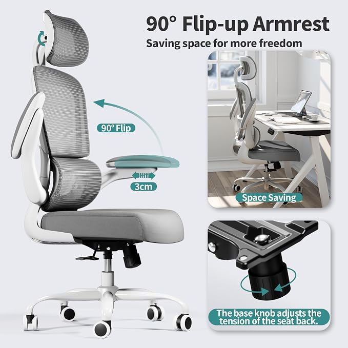TRALT Office Chair Ergonomic Desk Chair - Gaming Chair with Lumbar Support | 330 LBS Home Office Desk Chairs with Headrest, Reading Chair with Flip-up Armrests, Comfortable Computer Chairs (1, Grey) - Image 6