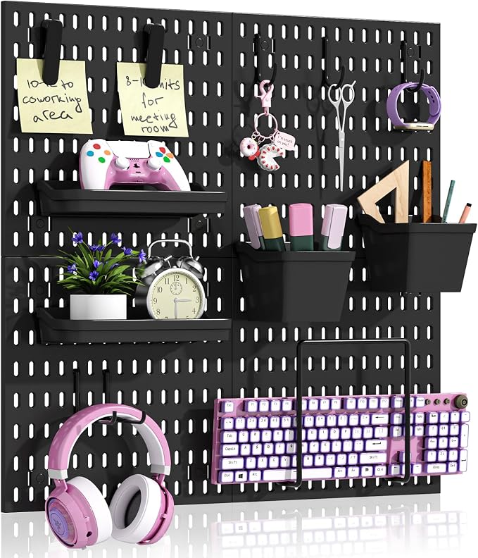 AKTOP Plastic Peg Board Wall Organizer 4-Pack, 12"x12" Pegboard Kit, Black | Includes 13 Accessories, Adhesive or Drill Mounting, Superior Load Capacity, Ideal for Office, Gaming Room, Craft Room by Buynow