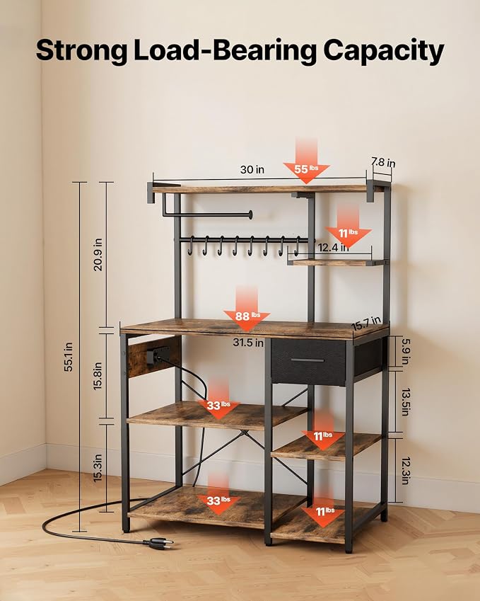 VEVOR Kitchen Bakers Rack with Power Outlets, 31.5 x 15.7 x 55.1 Inch Microwave Stand with Built-in Power Strip & 4.6 Ft Cord, 8 S-Shaped Hooks, for Dish Storage, Spice Jars, Coffee Bar Organization - Image 3