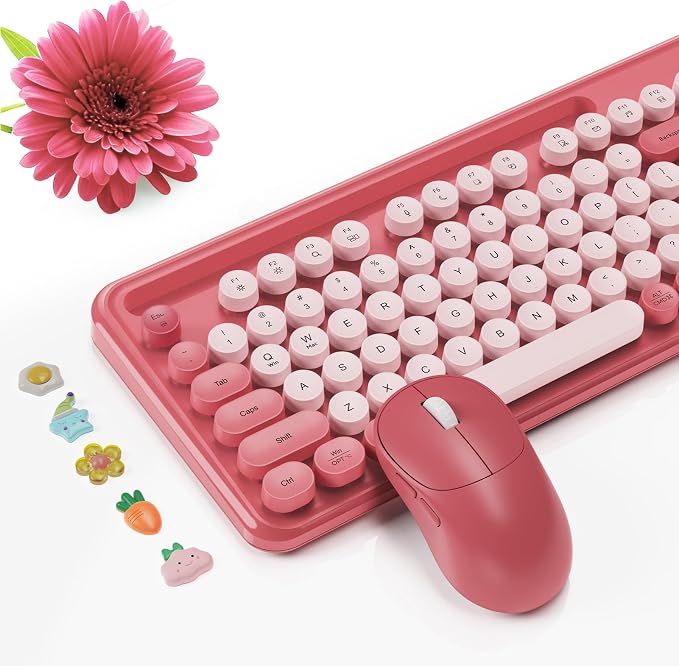 Wireless Keyboard and Mouse Combo, Retro Round Keycaps, Full-Size Stylish Typewriter Keyboard with Large Phone/Tablet Holder, 3-Level DPI Ergonomic Mouse, 2.4GHz Cordless for Windows PC, Rose Pink - Image 9
