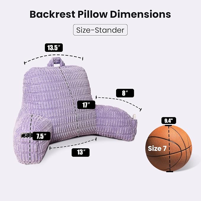 Reading Pillow for Sitting in Bed with Arm,Purple Corduroy,M | Sitting Pillow for Teens Back Support,17" Backrest Pillow Supports Reading,Gaming & Relaxing in Bed,Couch,or Floor - Image 3