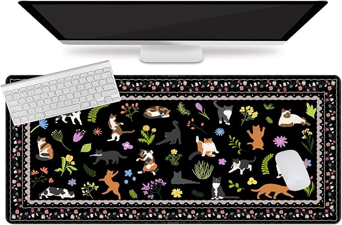 L-SPOUTTO Cute Cat Desk Mat for Keyboard and Mouse,Black XXL Mouse Pad | Large Non-Slip Keyboard Pad Waterproof Desktop Mat for Laptop Computer Work Game Home Office,Cats Black - Image 2