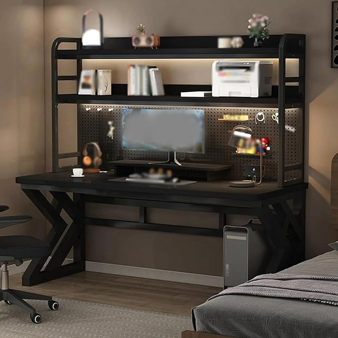 Computer Desk with Pegboard, Gaming Desk with Storage Shelves, PC Gamer Workstation Desk, Modern Study Writing Table for Home Office Bedroom (Black, 55.1in/140cm) by Unknown