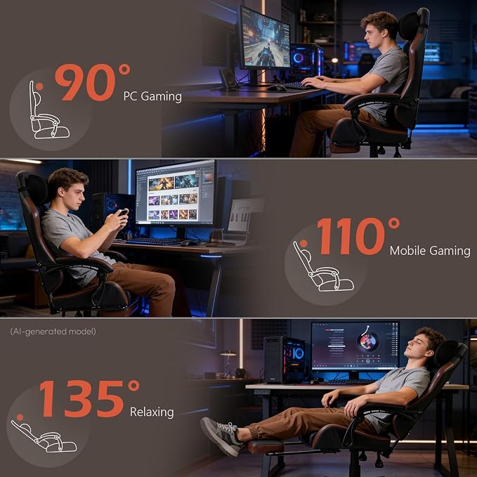Ergonomic Gaming Chair for Adults with Footrest - PU Leather Computer Gamer Chair with Memory Foam Headrest & Lumbar Pillow, Reclining Silla Gamer Video Game Chair for Home Office, Black & Brown - Image 9