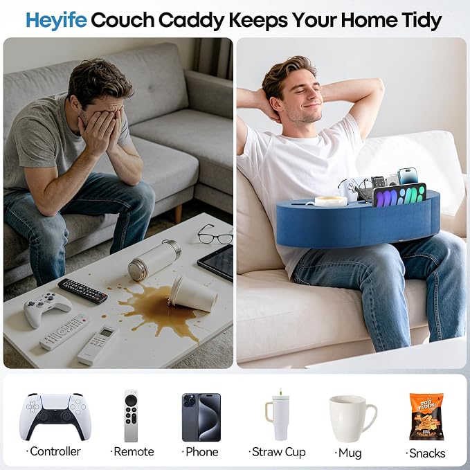 Couch Cup Holder Pillow, 20"x9" Couch Caddy Organizer, Sofa Cup Holder for Bed, Large Size Cup Cozy Pillow for Remote, Drink, Snack, Phone, Game Controller, Kindle, Washable, Blue - Image 2