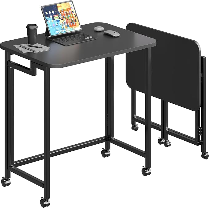 JSB Folding Desk for Small Spaces,Mobile Portable Rolling Laptop PC Table on Wheels,Foldable Computer Desk for Home Office,Bedroom,Dorm,Space Saving (All Black, 23.6") by HomeFurniture