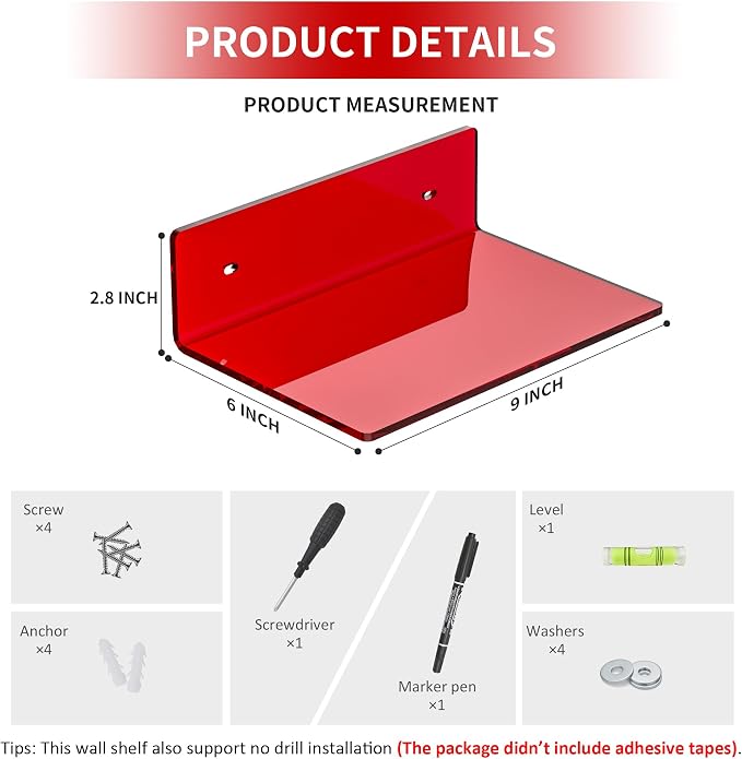 Sezanrpt 9 Inch Red Acrylic Small Wall Shelf, Home Wall Display Ledges for Storage, Room Décor, Space Saving, Items Organizer, 2 Pack - Image 2