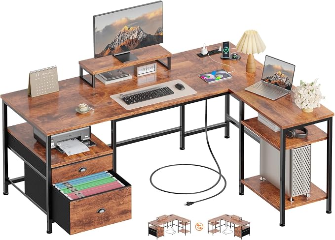 Furologee 50 Inch L Shaped Computer Desk with Power Outlet, Rustic Brown by Furologee