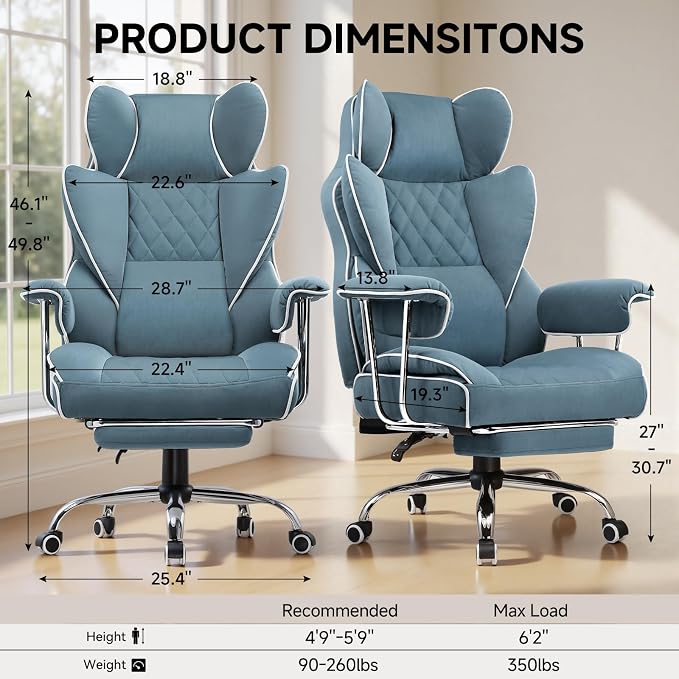 COMHOMA Big and Tall Gaming Chair with Pocket Spring Lumbar Support, Ergonomic Office Chair with Footrest, Executive Desk Chair with Outward Fixed Soft Armrests, Computer Chair with High Back, Blue - Image 3