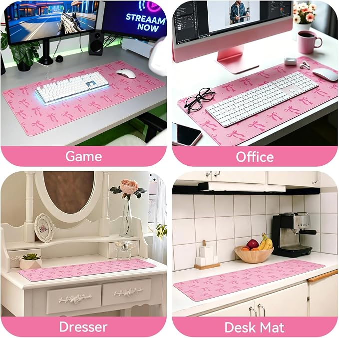 Large Gaming Mouse Pad 31.5 x 11.8in Desk Mat for Office Mousepad Anti-Skid Rubber Base Soft Comfortable and Durable Desk Pad (Pink Bow) - Image 2