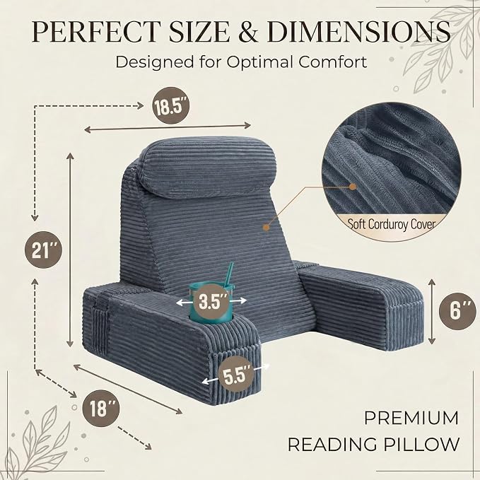 Reading Pillow for Adults, Back Pillow for Bed Sitting Up, Backrest Pillow for Sitting in Bed, Detachable Arms with Built-in Cup & Phone Caddy (Dark Gray-Corduroy, 21 INCH) - Image 6