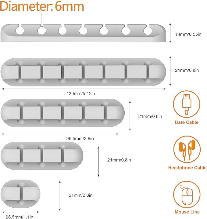 Desk Accessories for Charging Organizer - 5 Packs Grey Computer Desk Accessories and Adhesive Cord Organizer for Cable Holder Cleans Up Messy Wires at Home, Car and Office (7-5-3-1-1 Slots) - Image 3