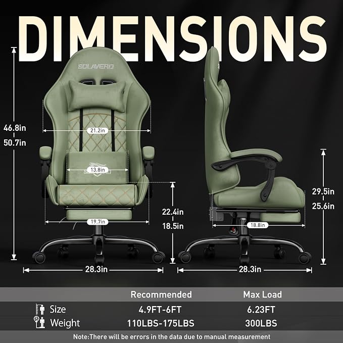 HLDIRECT Massage Recliner Gaming Chair with Footrest for Adults, Green | 300lbs Capacity, Ergonomic Office Computer Chair, Lumbar Support, Breathable Fabric, Headrest, 360° Swivel, Metal Frame - Image 3