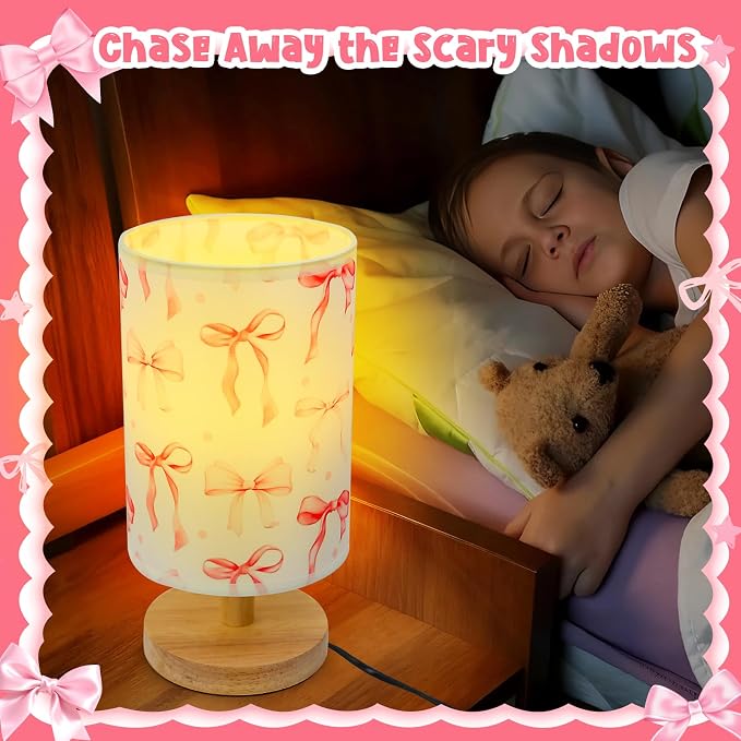 Bow Kids Table Lamp for Bedroom Kids Bedside Lamp with Linen Wooden Nightstand Cartoon Nursery Lampshade for Girls Room Pink Bow Decor - Image 3