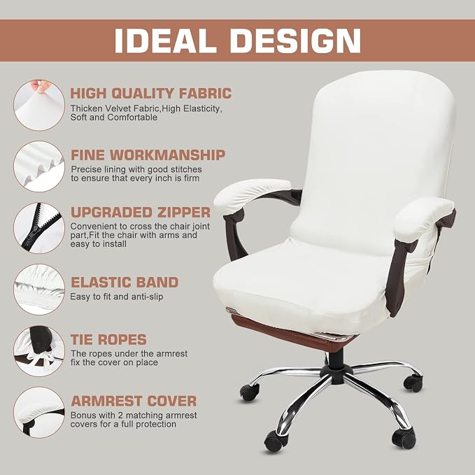 NeColorLife Velvet Office Chair Cover with Armrest Covers,Large,Ivory White | Soft stretch velvet fabric, fits large high-back office and executive chairs, includes 2 armrest covers, washable and elastic - Image 3