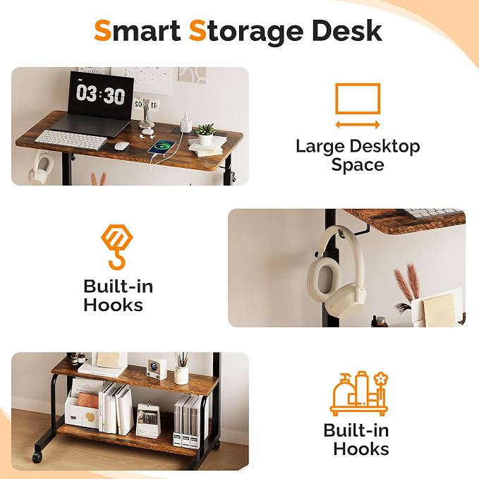 FCH 31.5" Mobile Small Standing Desk, Adjustable Height Mobile Computer Desk, w/2 AC Outlets + 3 USB Ports & Hooks, Storage Shelves, Suitable for Gaming, Studying, Home Office, Vintage Brown - Image 6