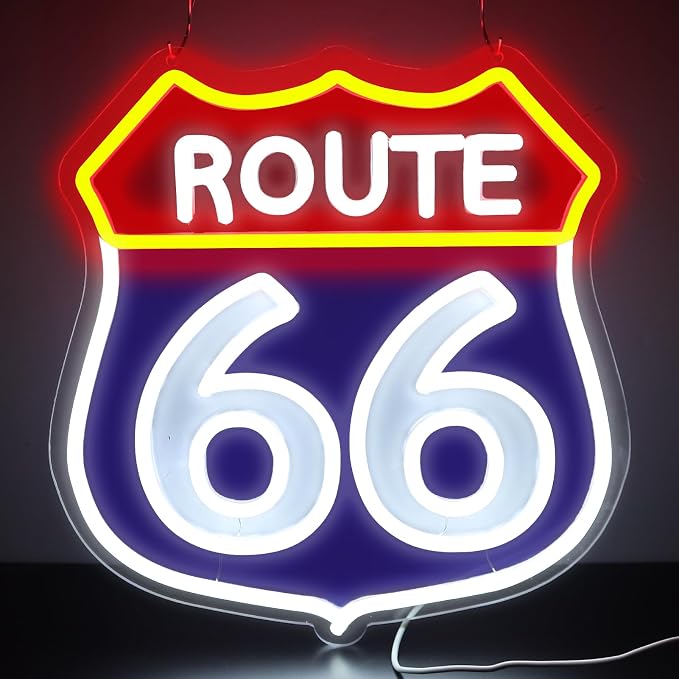 Route 66 Neon Signs,LED Vintage 66 Road Lights, Room Decor for Garage,Home, Room, Man Cave, Party, Birthday Gift for Family Friends Kids-12.64×12.2 IN-USB Powered-Acrylic by Unknown