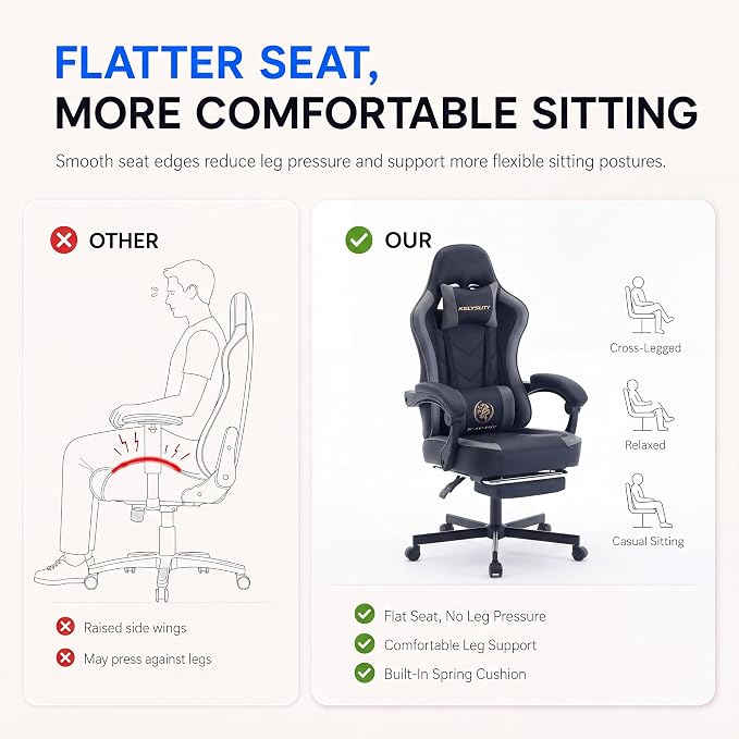 Desk Computer Gaming Chair - High Back Ergonomic Office Chair with Footrest and Lumbar Support, Swivel Comfy Home Gamer Video Game Chairs with Pocket Spring Cushion for Adults (Grey Leather) - Image 5