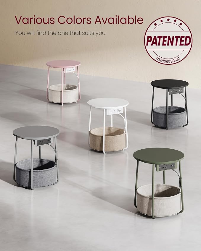 VASAGLE Side Table with Charging Station,Fabric Basket, Round End Table - Image 9
