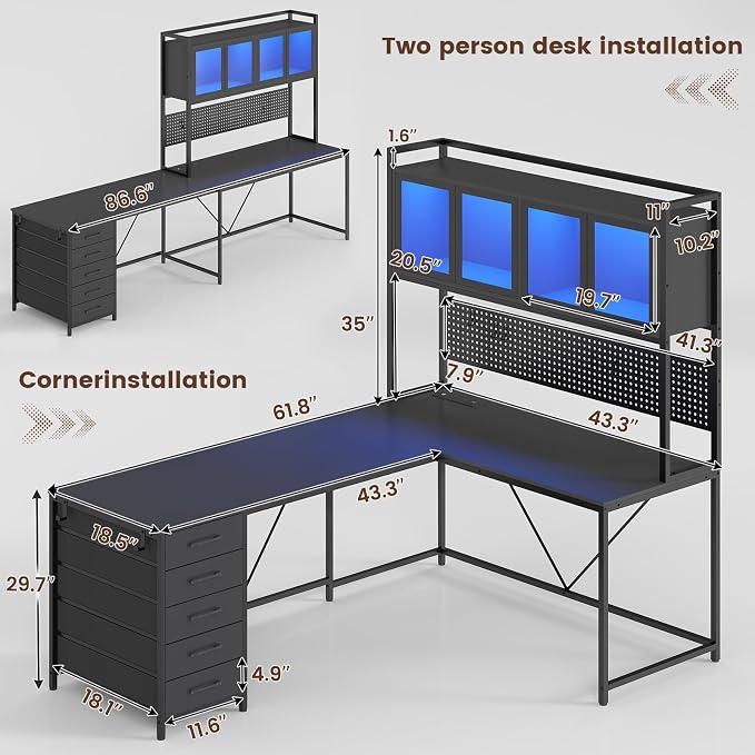 SEDETA L Shaped Gaming Corner Desk with Drawers, Hutch and Storage Shelves | Reversible Computer Desk, Gaming Desk with Pegboard, Led Lights, and Power Outlet for Home Office, Small Space, Black - Image 3