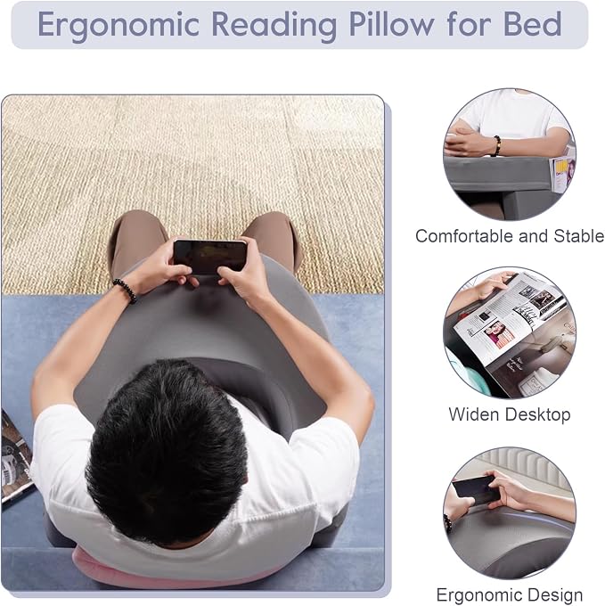Reading Pillow for Gaming, Arm Rest Lap Desk Pillow Memory Foam Reading Pillow with Side Pocket for Adult Sitting up in Bed Working Crocheting - Image 4