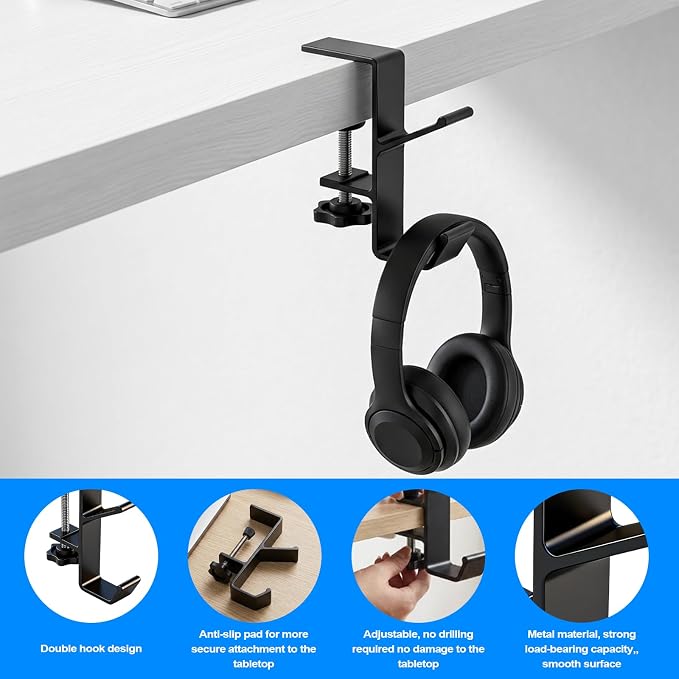 4 Pcs Under Headset Stand - Aluminum Alloy Headphone Holder for Desk | PC Gaming Headset Hanger Hook Suitable for Office,Computer, Class Desk, Handmade Creator Table, With 1 Cord Organizer, Black - Image 4