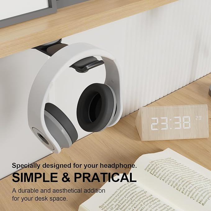 Headphone Stand - 360 Degree Rotating Adhesive Under Desk Headset Holder with 2 Cord Holder Clips (Black) - Image 3