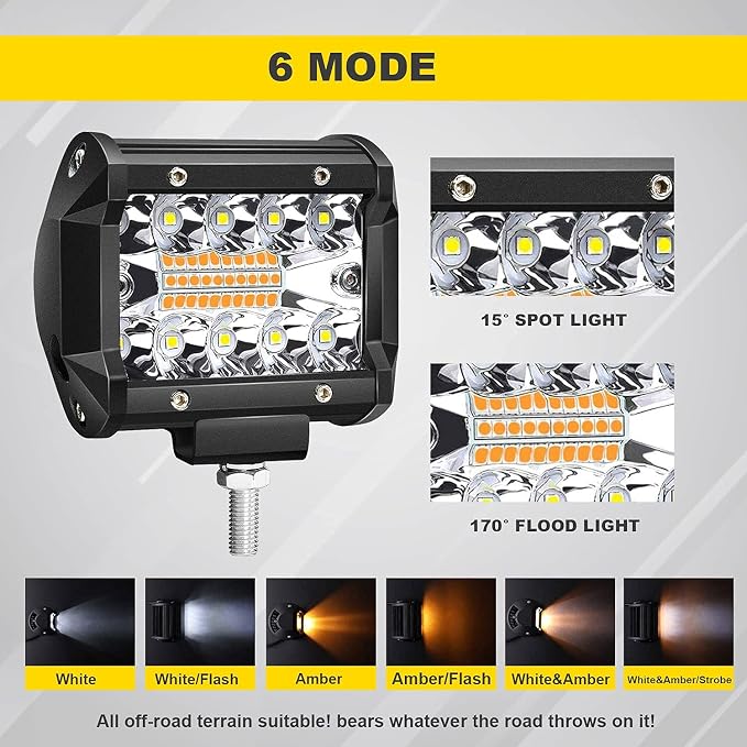 5D 52Inch Straight LED Light Bar 4Inch LED Pods White/Amber Strobe - Image 7