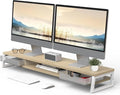 Fenge Dual Monitor Stand Riser, 42.5in Desk Shelf with 2 Drawers, Oak | 2-Tier Monitor Shelf for Desk, Storage Drawer with Stopper, Frosted, fit Home Office, Ultrawide Screen, PC, Laptop, TV by Fenge